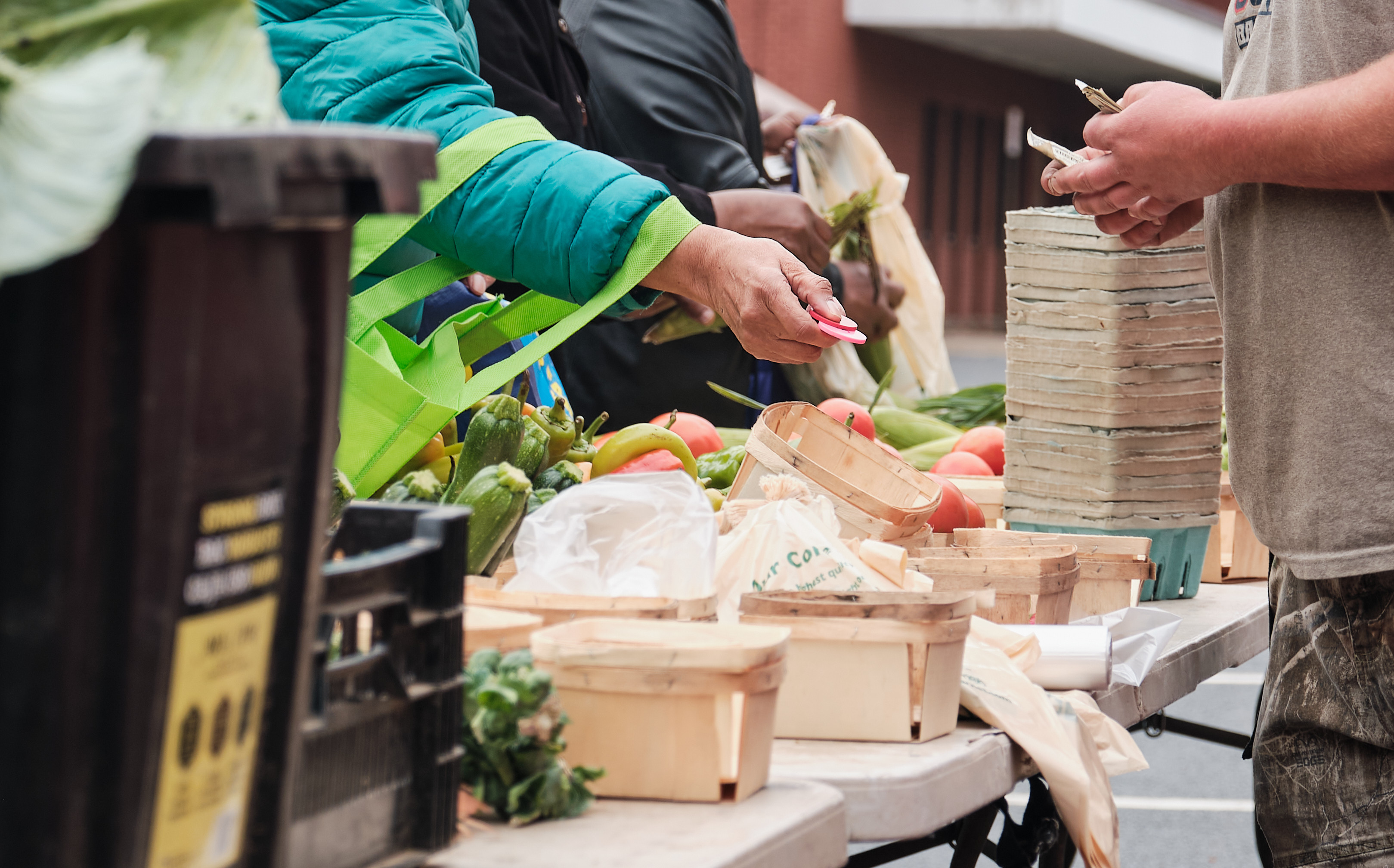 Image Description: close up shot of hands at a farmers market. A person in green sleeves is exchanging tokens with the farmer. Zucchini, peppers, and tomatoes can be seen in the background. IMAGE CREDIT: Joey Abad.
